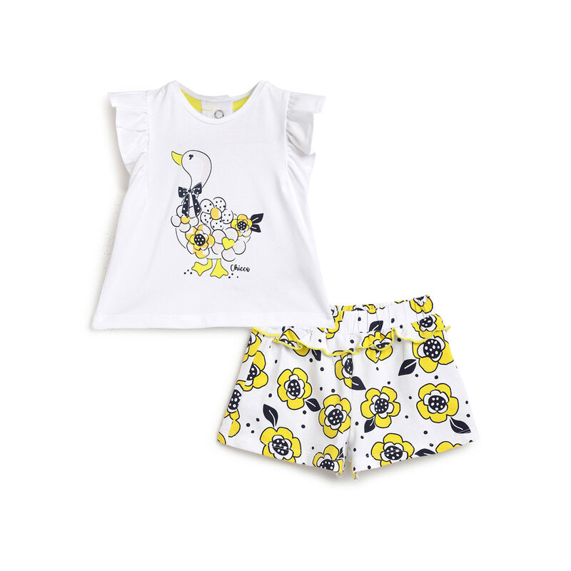 Girls White and Yellow Printed Outfit with Short Pants image number 0